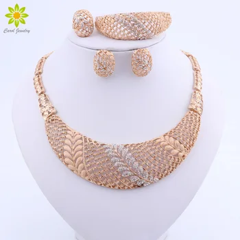 

Trendy Leaves Crystal Bridal Jewelry Sets Gold Color Rhinestone Party Necklace Sets Wedding Jewelry For Women