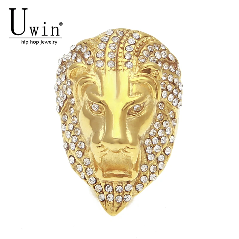

UWIN Stainless Steel Gold Color Rhinest Lion head Ring Rock Punk Lced Out Bling Zircon Men's HIPHOP Fashion men Jewelry