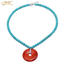 JYX Ping style Turquoise Necklace 6.5mm Blue Faceted Turquoise dotted a Red Round 35*35mm Coral Pendant 16.5 JYX Ping style Turquoise Necklace 6.5mm Blue Faceted Turquoise dotted a Red Round 35*35mm Coral Pendant 16.5