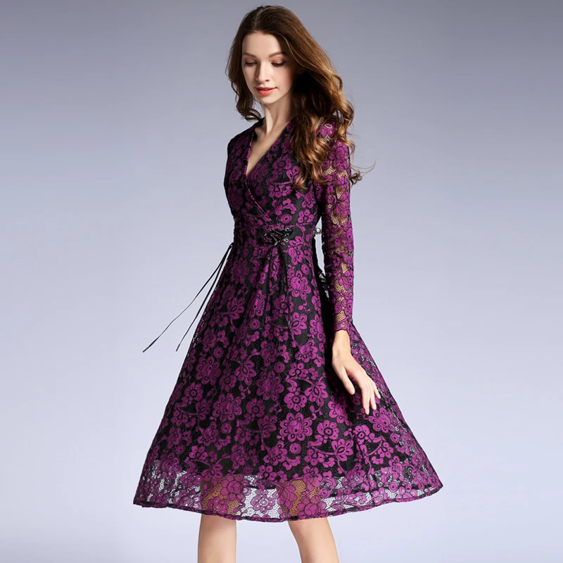2018 Spring Women Sexy V neck A line Purple Dresses Elegant Long Sleeve