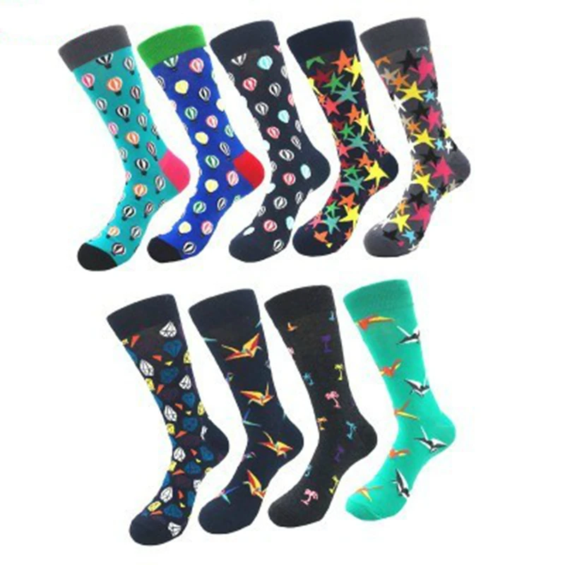 

1pair dropshipping 9 colors male combed cotton colorful funny socks Calcetines Largos Hombre Stars Birds Diamond Balloon Designs