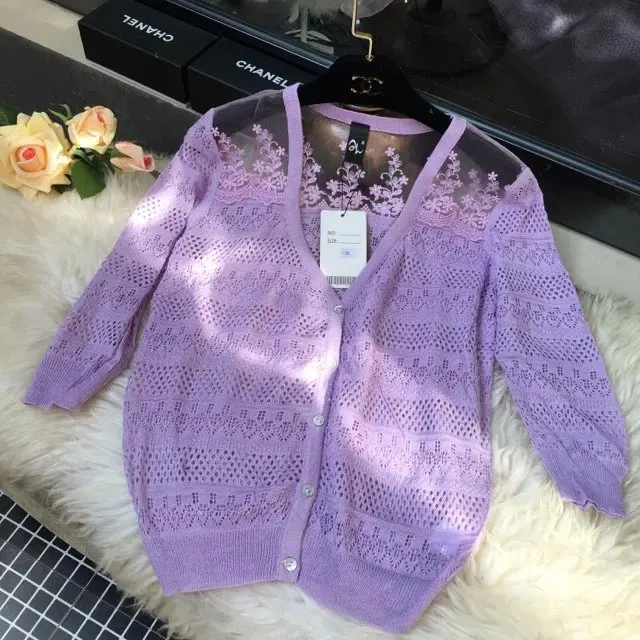 In the spring of the new Korean ice cream knit cardigan sweater female hollow cardigan sweater