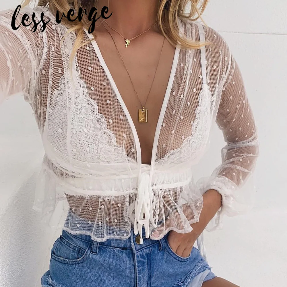 

lessverge Elegant ruffles mesh white blouse shirt Summer flare sleeve lace up ladies tops Vintage v neck peplum women blouses