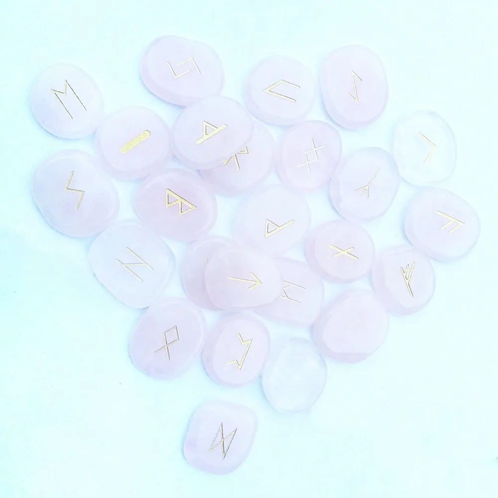 

25pcs Natural Crystals Pink Rose Quartz Stones Viking Runes Set Carved Gold Lettering Wiccan Pagan Amulets Nordic Rune