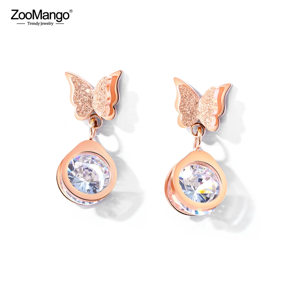 

ZooMango Butterfly Stainless Steel Stud Earrings For Women Girls Rose Gold Frosted Double Butterfly Ear Studs Jewelry ZE17082