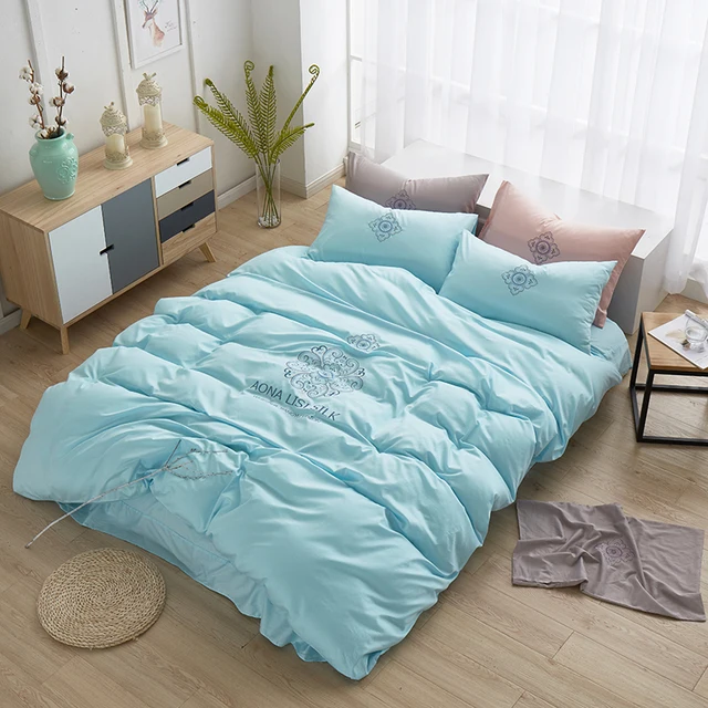 Simple Embroidered High Quality Cotton Bedding Set Solid Color Blue Simple Embroidered High Quality Cotton Bedding Set Solid Color Blue Pink Purple Grey Duvet Cover Bed