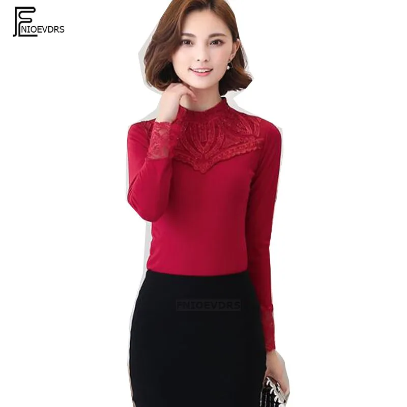 

Autumn Winter Basic Shirts Blouses Women Zipper Beaded Bodysuit Elegant Office Lady Hollow Out Vintage Lace Turtleneck Top 9215