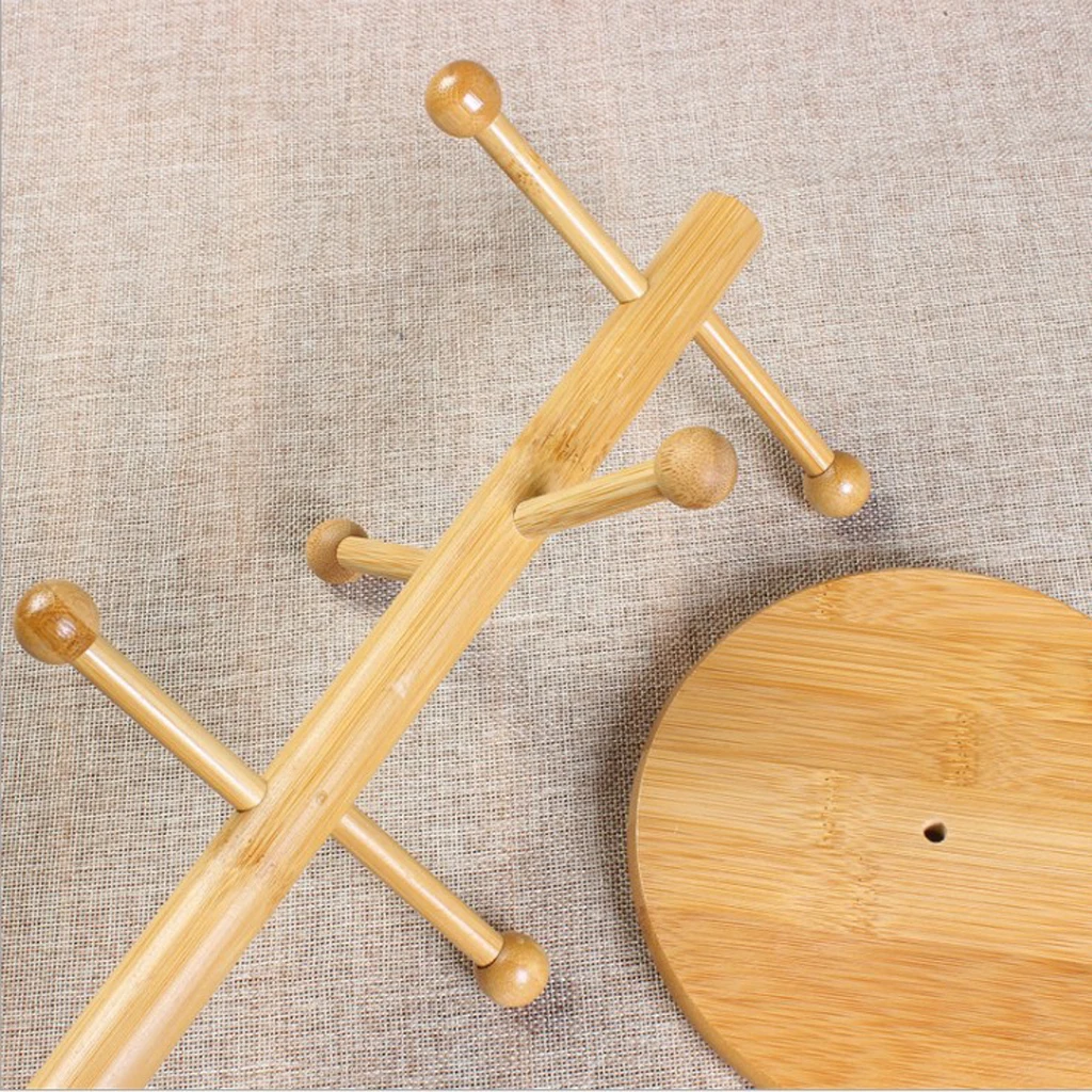 Bamboo Mug Rack Tree Removable Bamboo Mug Stand Storage Coffee Tea Cup Organizer Hanger Holder with 6 Hooks