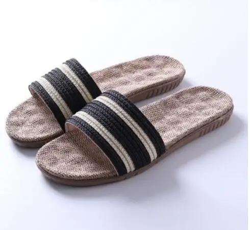 

Men's Summer Beach Flax Slippers Fashion Black White Striped Flip Flops Male Outdoor Beach Shoes Men Slides Indoor Home Slippers