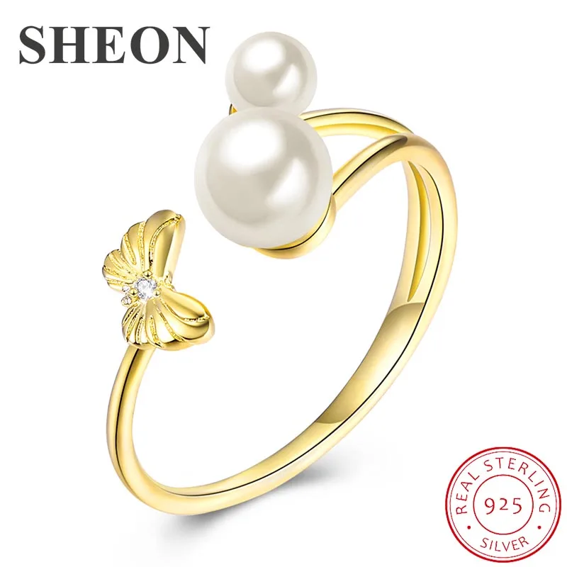 

SHEON 100% 925 Sterling Silver Gold Butterfly & Pearl Adjustable Finger Rings for Women Sterling Silver Jewelry Anniversary Gift