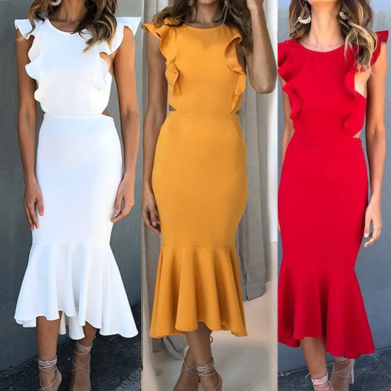 Sexy Women's Strappy Backless Dresses Female Sleeveless Ruffles Dress Fashion Vestidos Frill Hem Mid-Calf Long Mermaid Dress