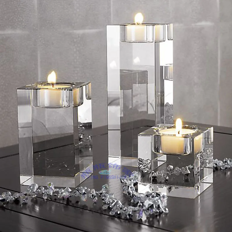 Image 3pcs Different sizes Crystal glass Candle Holders Square solid proposal Wedding Candlestick Decoration Free shipping