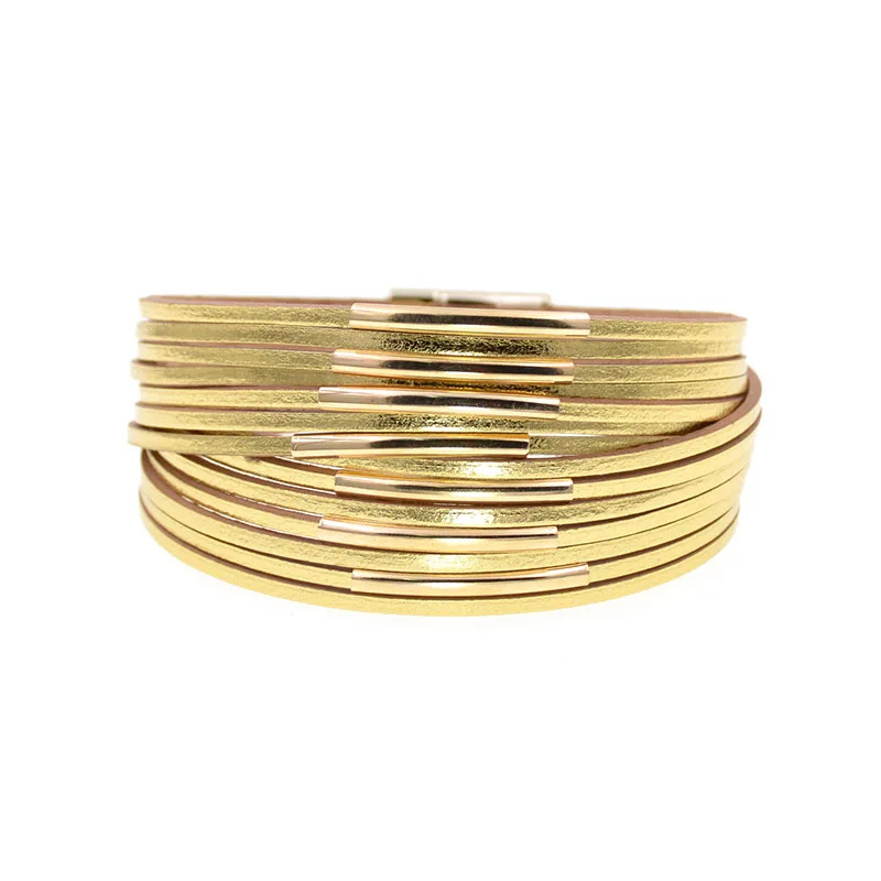 WELLMORE 10 Colors Fashion copper pipe charm Leather Bracelets For Women Men's wrap Bracelets Couples fashion Jewelry wholesale - Окраска металла: gold