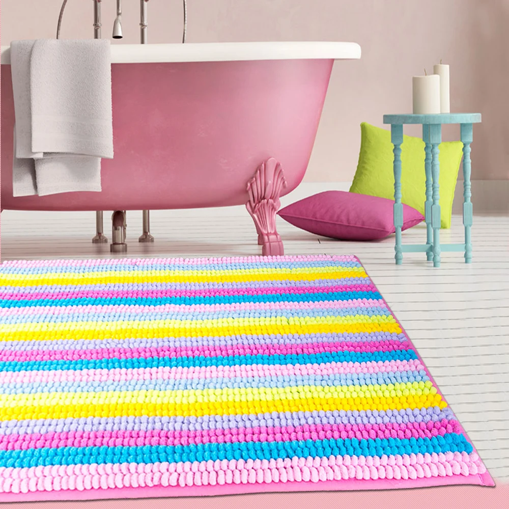 

Chenille Color Stripe Super Absorbent Toilet Bathroom Mats Colorful Non-Slip Foot Pad Machine Washable Carpet Home Decorator Rug