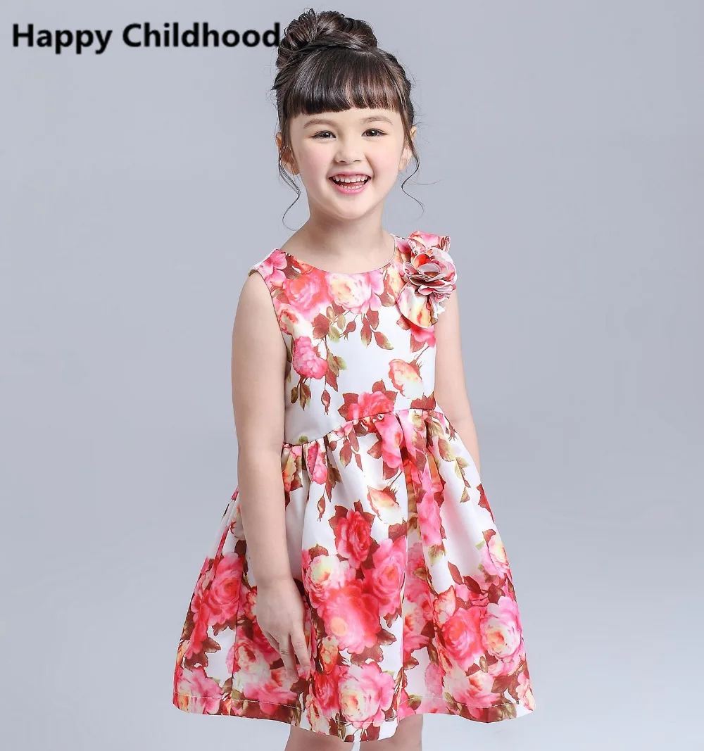 

2017 Summer Floral Children's Dress 1pc rose girls clothes sleeveless party/wedding kids dress for girl princess dresses