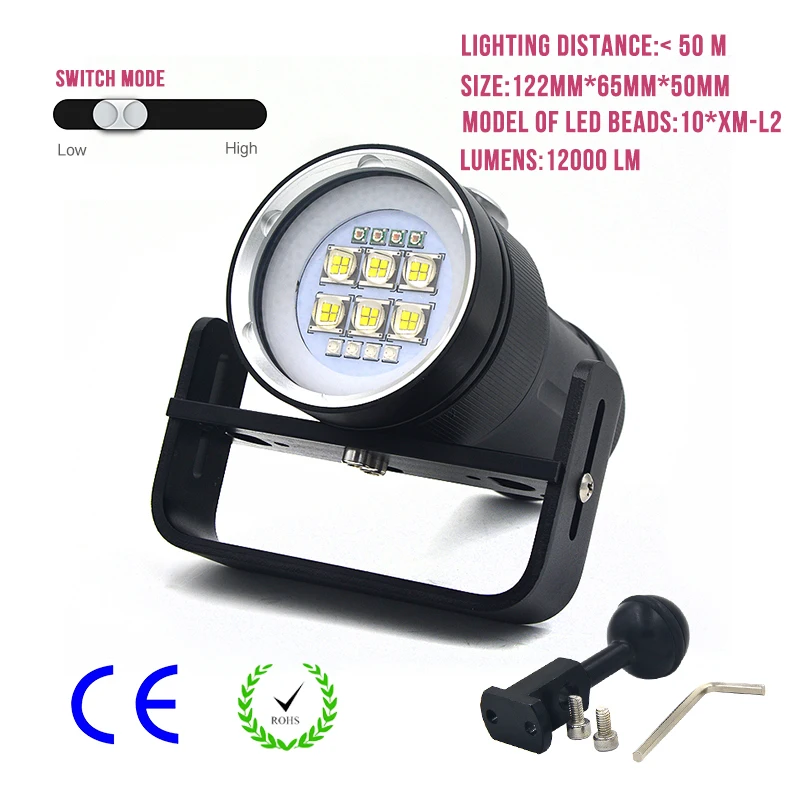 

High Power XM-L2 LED Torch Light Professional Waterpoof Flashlight Diving Video Photography Strong Lighting Flashlight 12000LM