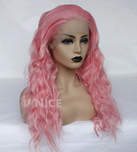 Wavy Hair Wig Lace Front Wigs with Natural Hairline Pink Color High Temperature Fiber Synthetic Wig for Women-12A