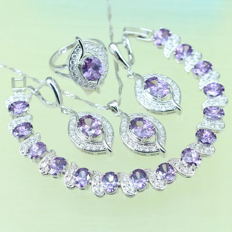Eye Purple Rhinestone white crystal Jewelry Sets 925 stamp Silver color