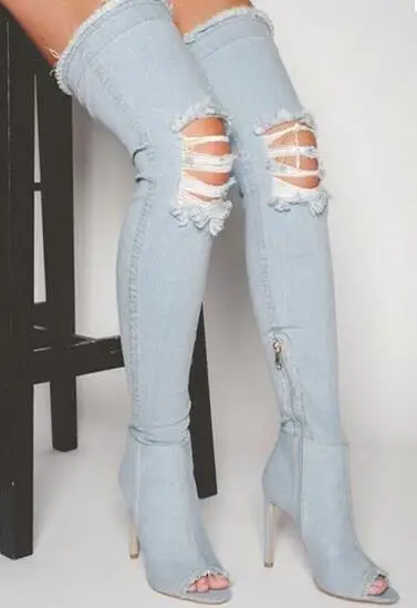 

2017 Sexy Lady Botas Tacon Blue Jean Thigh High Boots Long Shoes Keen Pointy Cowboy Botas High Heels Blue Denim Party