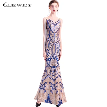 

CEEWHY V-Neck Vintage Saudi Arabia Floral Gown Blue Evening Dresses Long Sequines Mermaid Dress Robe de Soiree Abendkleider