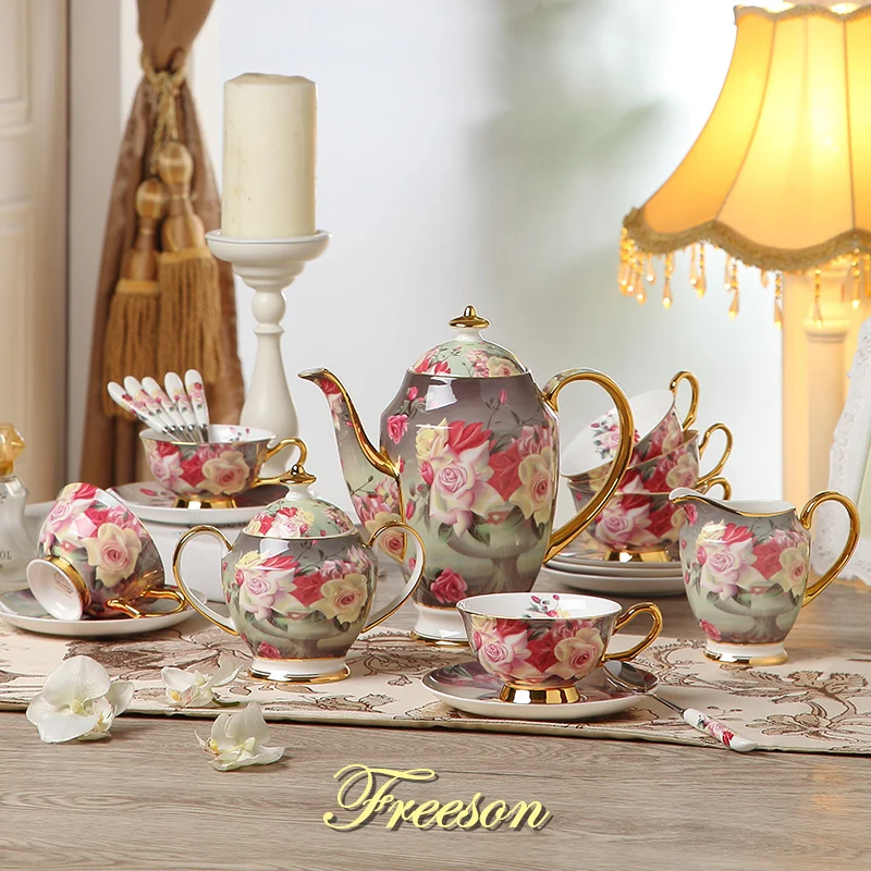 Europe Vintage Rose Bone China Coffee Set British