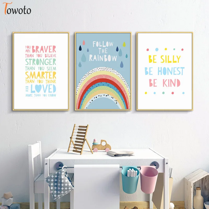 

Rainbow Print Cute Quotes Canvas Painting Nursery Wall Art Scandi Kids Posters Baby Girls Room Decorative Wall Pictures Unframed