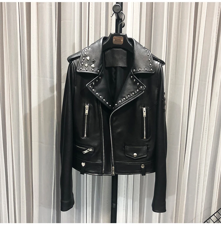 

2018 autumn women's fashion sheepskin genuine leather rivet heart decoration biker jacket lover style