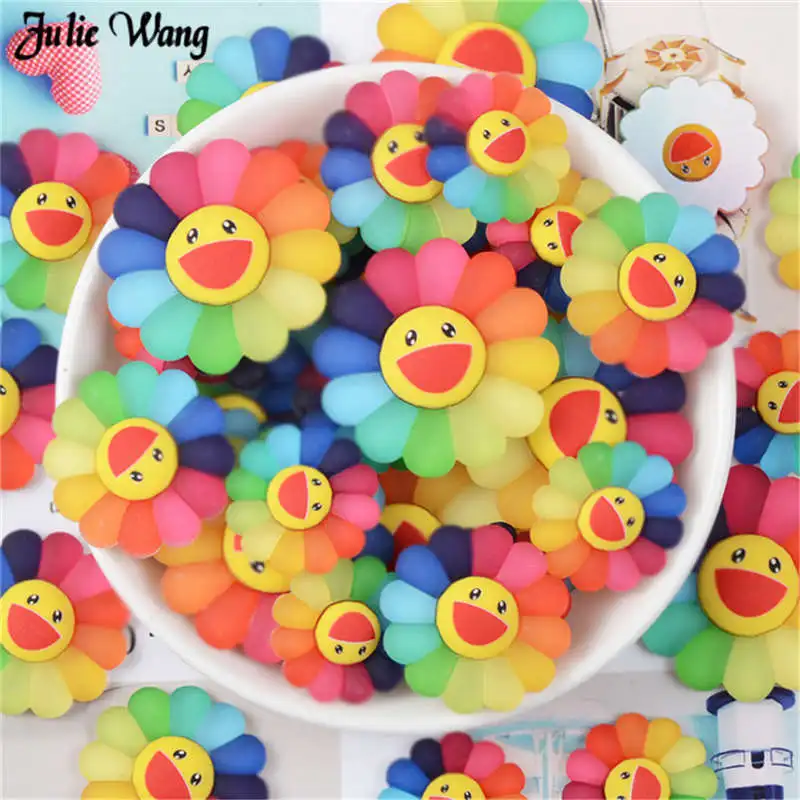 

Julie Wang 10pcs Colorful Smiling Face Sunflower Charms Resin Flatback Stationery Box Phone Decor Accessory DIY Brooch Craft