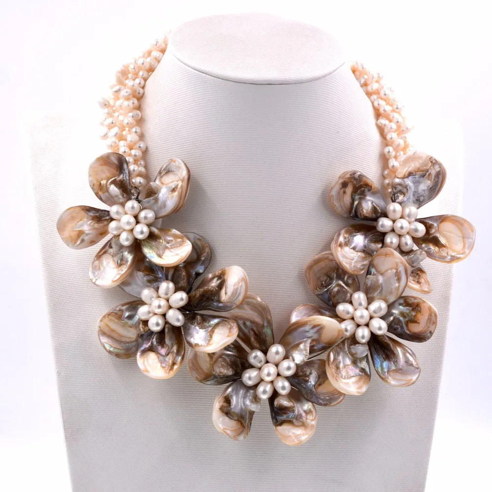 Natural freshwater white pearl & beige 5 mother of pearl flower ...