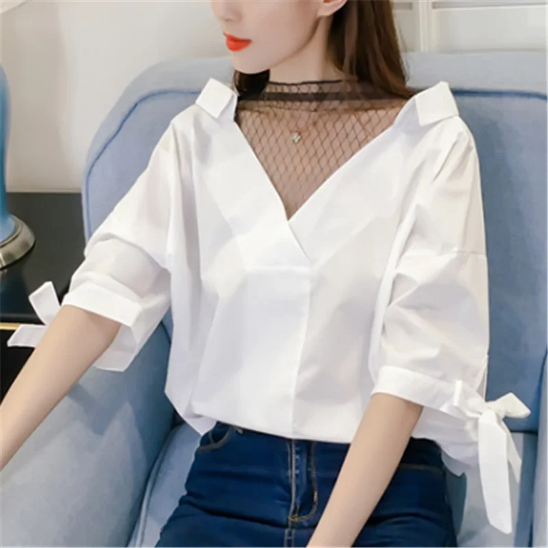 Women Shirts Lace Blouse Women Summer Mesh Patchwork Shirts for Woman Office Lace V-neck White Blouse Plus Size Woman Ladies Top Women Shirts Lace Blouse Women Summer Mesh Patchwork Shirts for Woman Office Lace V-neck White Blouse Plus Size Woman Ladies Top