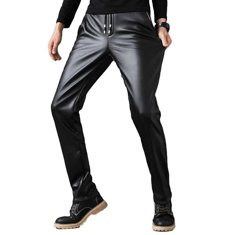 Idopy PU брюки из искусственной кожи мужские ветрозащитные с эластичной талией мотоциклетные байкерские Бизнес мужские брюки эластичная кожа с Кулиской