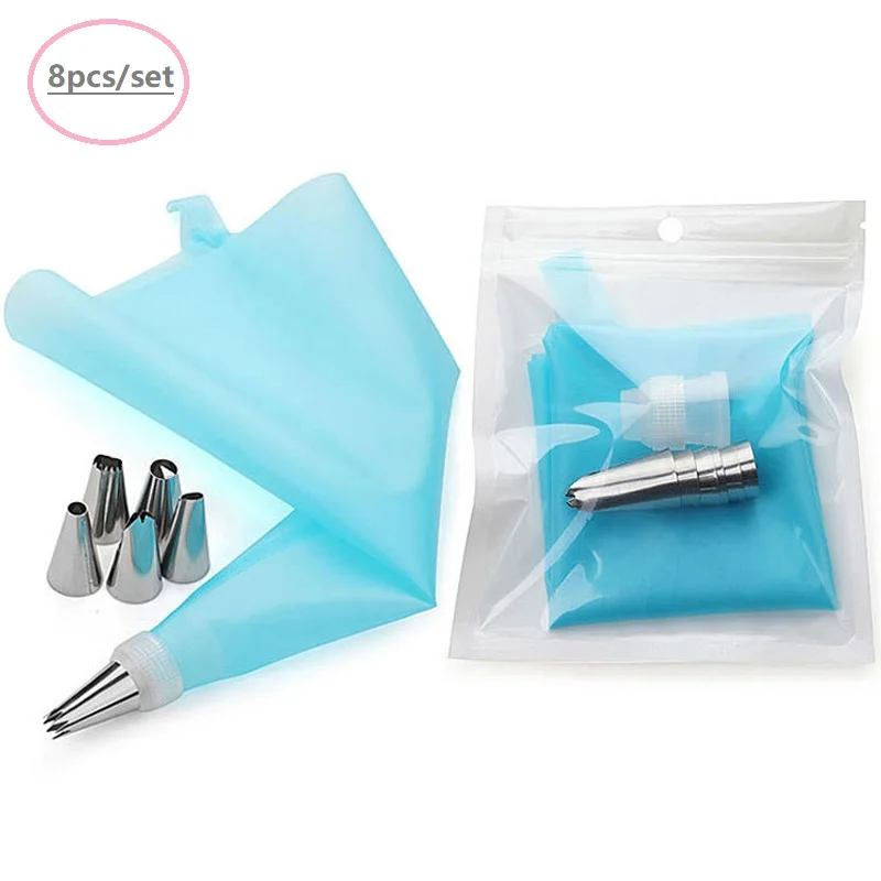 

Kohree 8pcs/set Silicone Kitchen Accessories Icing Piping Cream Pastry Bag +Stainless Steel Nozzle Set DIY Cake Decorating Tips