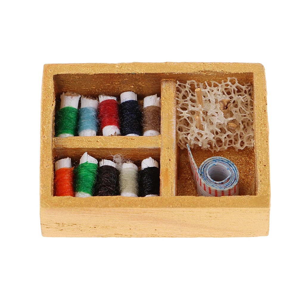 1/12 Golden Sewing Box Set Knitting Threaded Spool Wooden Miniature Dollhouse Life Scenes Decor Accessories