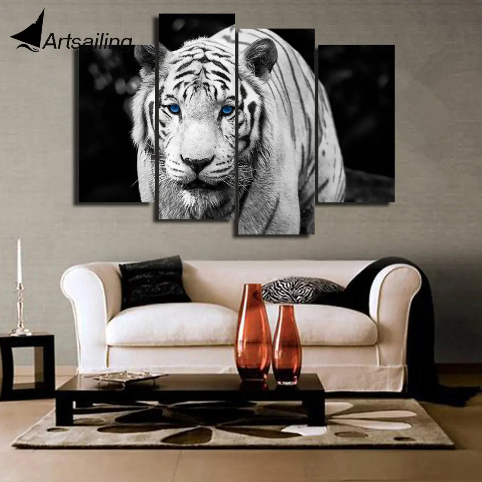WHITE TIGER CANVAS PRINT PICTURE WALL ART ABSTRACT DESIGN SET OF 4 FREE DELIVERY