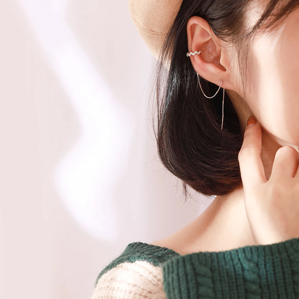 

Women Silver Inlaid Crystal Wave Ear Clip Female Long Ear Line 3 Wearring Methods Earrings Wedding Jewelry Gift