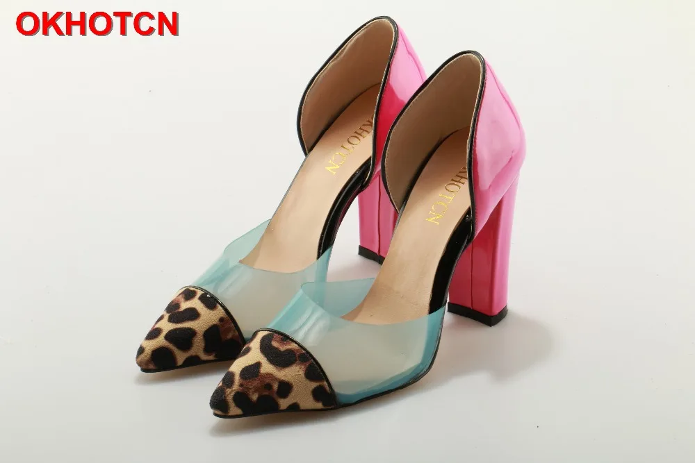 Okhotcn Sexy Fashion Transparent Color Block Leopard Pumps Cut Out Pink