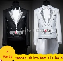 Male formal tuxedo costume dress set married suit male black white include pants shirt tie belt for groom singer dancer party
