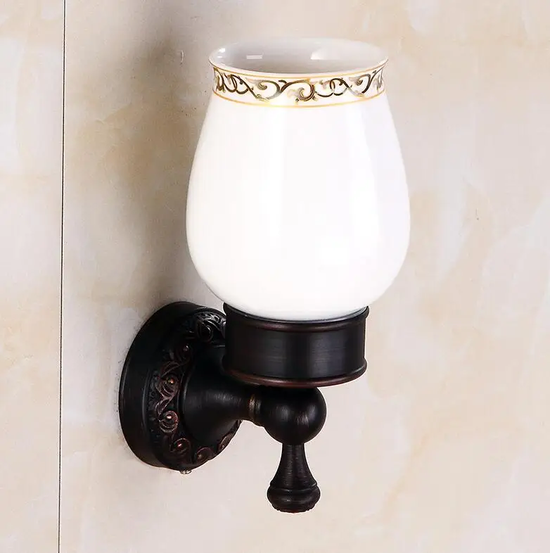 Держатели для чашек и стаканов античная латунь настенная подставка для зубных щеток крепление одна керамическая чашка держатель аксессуары для ванной комнаты 9196 K - Цвет: Black