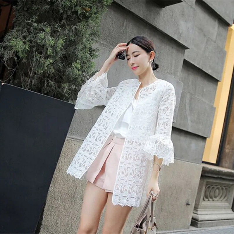 En Ligne Femmes Blouses 2018 Printemps Été Mode Corne Manches Blouse Cardigan Soleil Dentelle Chemise Femmes Tops Chemises Protection Solaire Vêtements Blusas