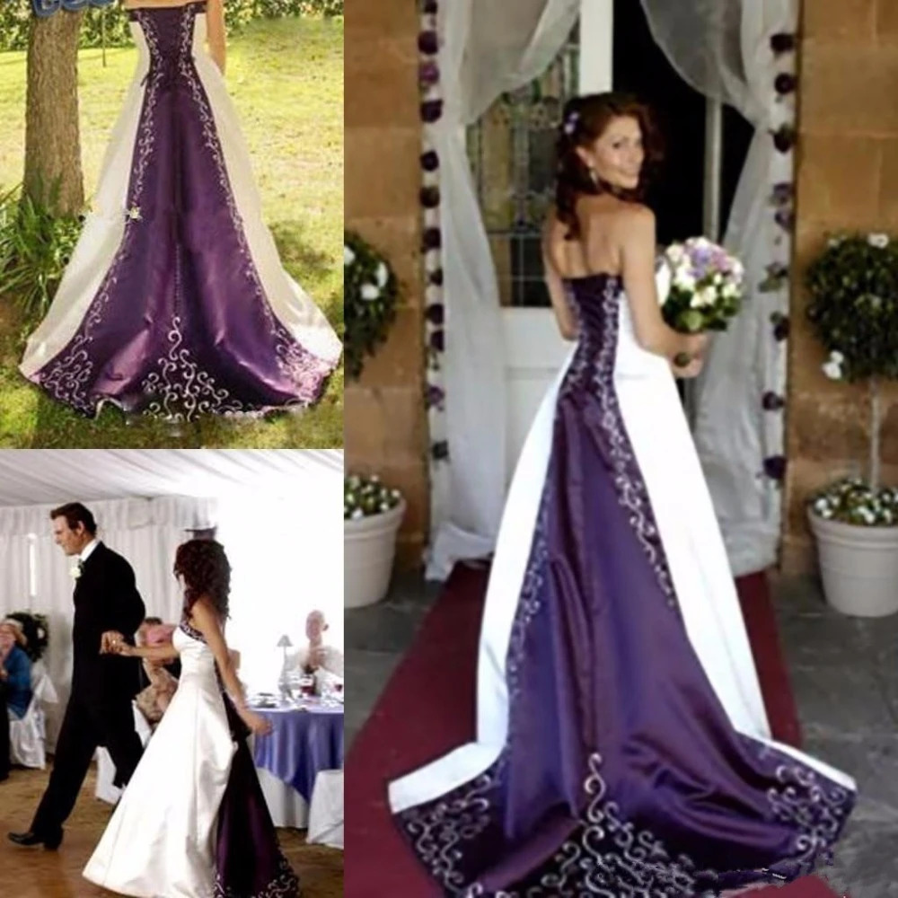 off white and purple wedding dress
