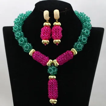 

Unique Teal Green Crystal Pendant Necklace Set Fuchsia Pink African Beads Jewelry Set Party Gift Necklace Free Ship QW042