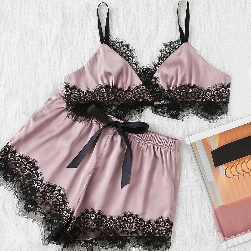 

Women Sexy Spaghetti Strap Lace Sleepwear Satin Pajama Cami Top + Shorts Pajamas Pajama Set For Summer Sleepwear Sets