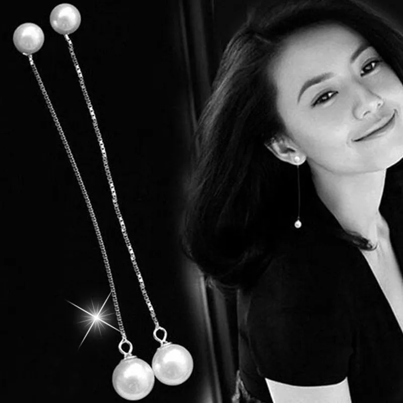 Zhenshecai искусственного жемчуга длинные серьги женские милые провода уха кисточкой