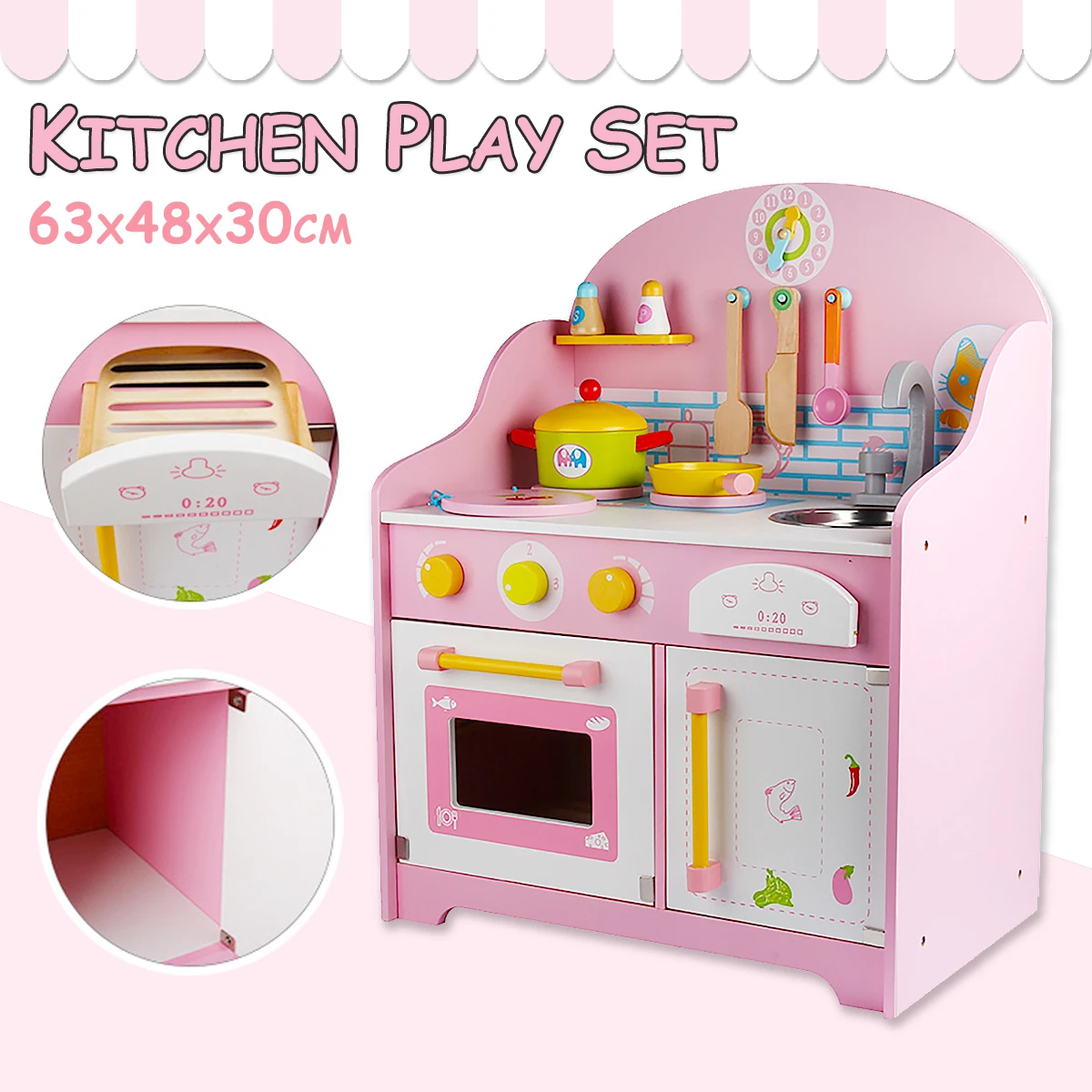 

Wooden Kitchen Playset Kids Cute Pretend Play Cooking Food Table Toy Box Gift