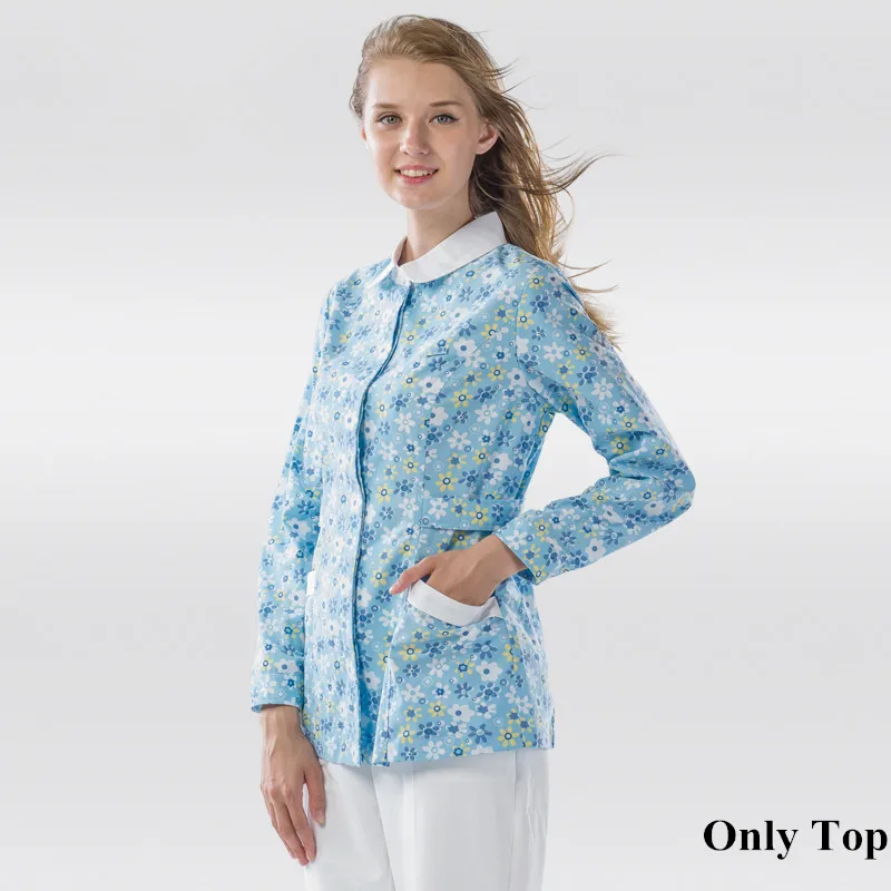 Женская униформа с принтом для кормления, куртка для стоматолога, медицинская одежда или пальто доктора, цветочный кукольный воротник, длинные рукава, косметолога - Цвет: Blue Floral Jacket