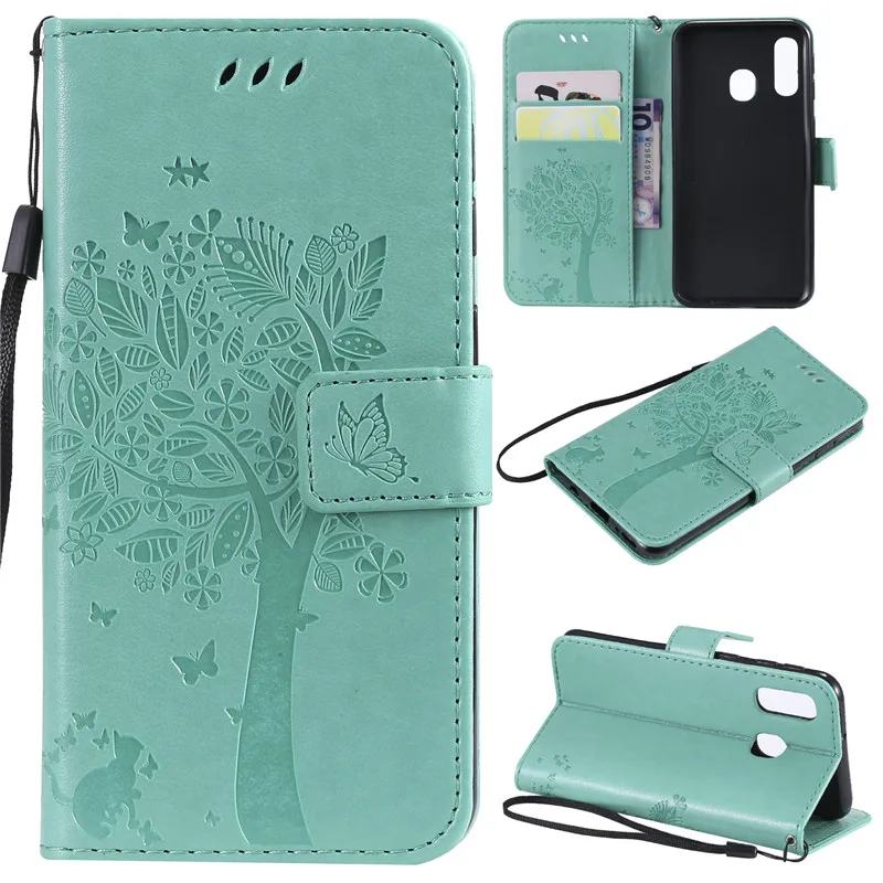

flip wallet phone case for Samsung Galaxy A40 SM-A405F A405FN A405FM Cases Luxury casing Tree Cat Pattern lanyard 5.9" Covers