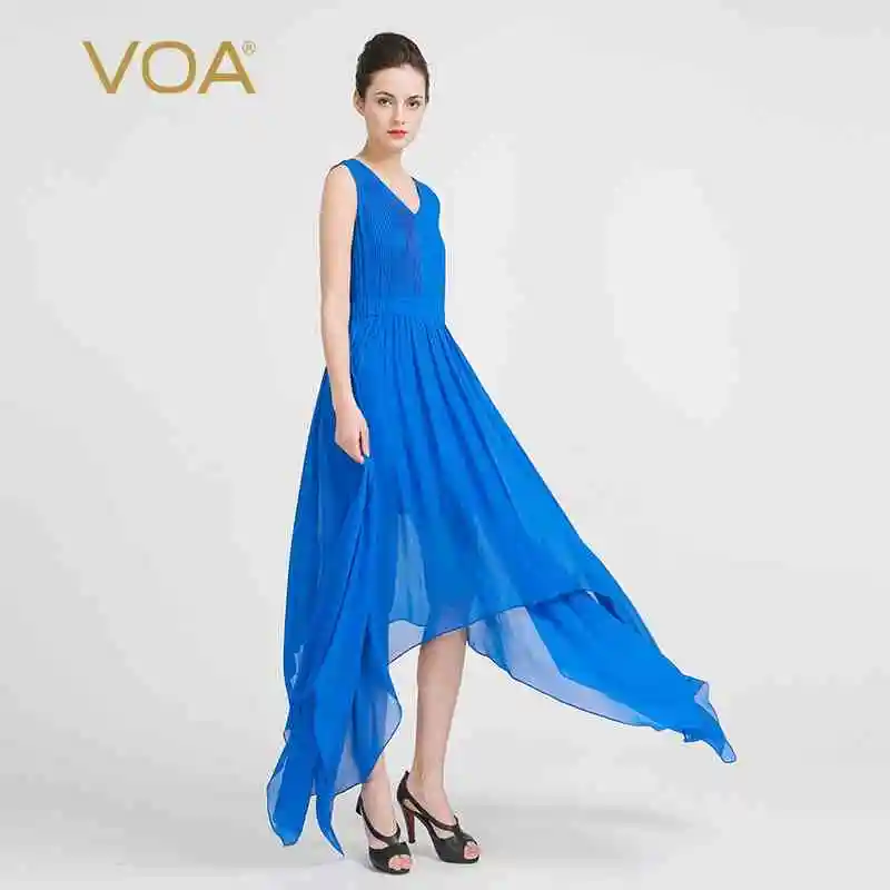 VOA Summer Beach Dresses Women Blue Casual Bohemian Chiffon Solid