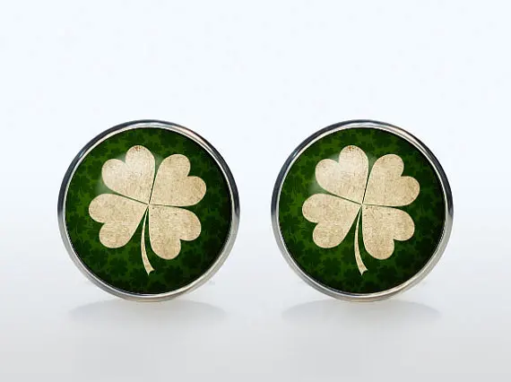 

Irish Luck Mans Groom Wedding Cuff Four Leaf Clover Vintage Sleeve Button Shirt Cufflinks Brand Silver Glass Dome Gift