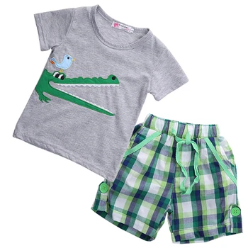 

New fashion baby boy clothes summer T-shirt top + plaid pants 2Pcs cute cartoon animal print clothes