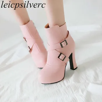 

Women's Boots Autumn Winter Warm Super High-heeled Mid-Calf Round Toe Zip Platform 2018 Sexy New Fashion Pu Wedding Black Pink